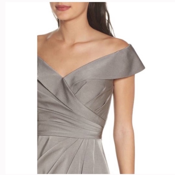La Femme Surplice Off The Shoulder Column Gown in “Pewter”, Size 8 & 20 NWT - Picture 2 of 12